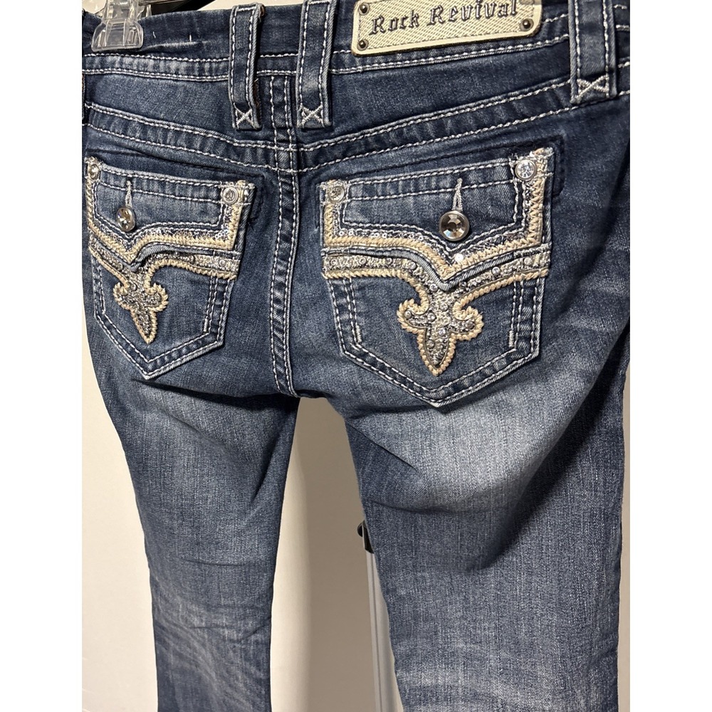 Rock Revival Betty Women's Sz 24 Stra Cut Dark Wash Jeans Embellished Distressed - Picture 4 of 12